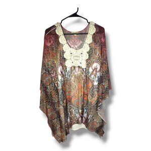 One World Women's 3X Boho Paisley Poncho Wrap Top Blouse Crocheted Neckline
